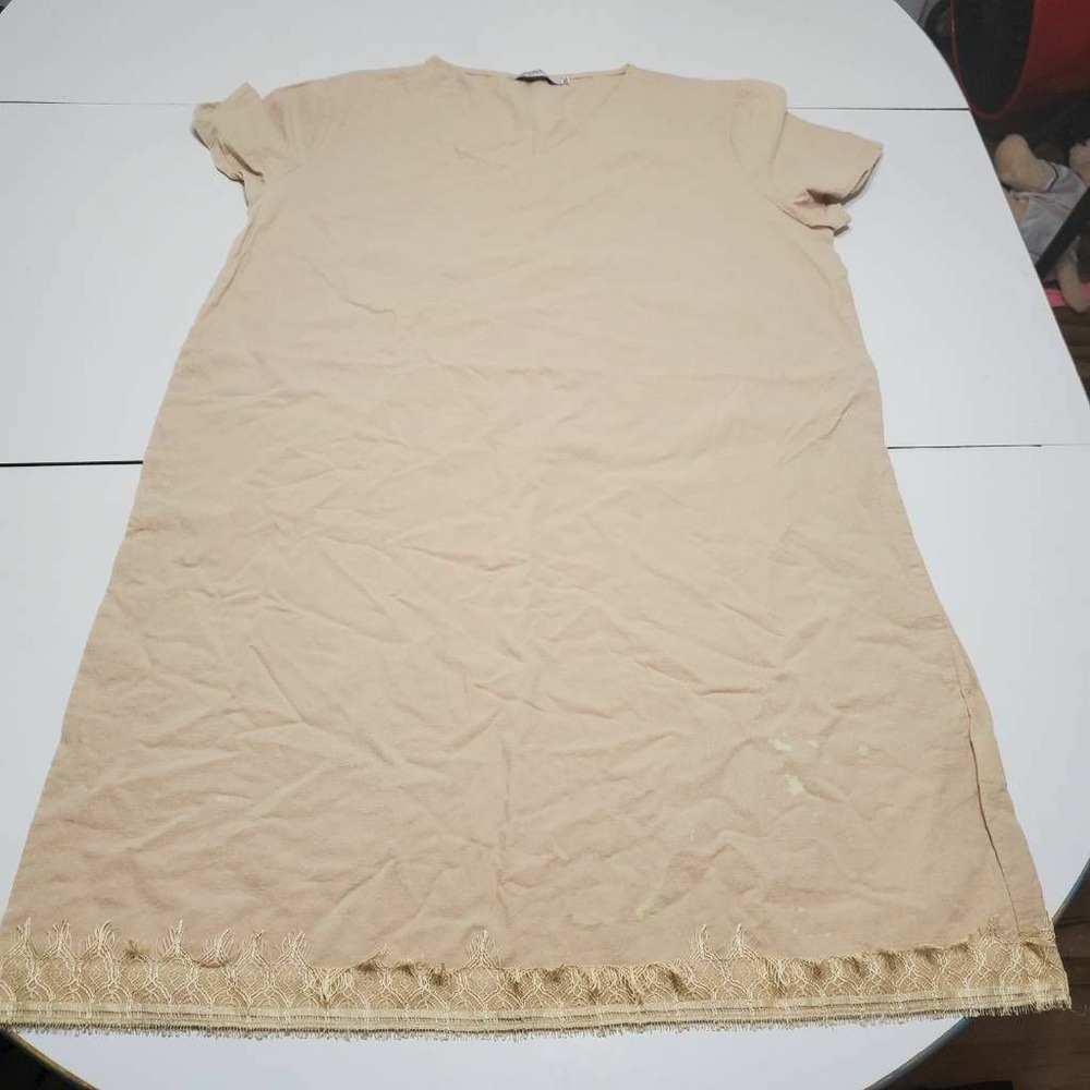 Misslook Womens Tunic Top Beige Flutter Sleeve V Neck Side Slit Embroidered XXL